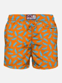 Light Fabric Man Swim Shorts With Crocodile Print -Swimwear Family back crocodile orange fluo blue swimshort man2