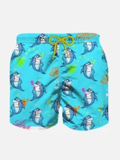 MC2 Saint Barth Boy Light Fabric Swim Shorts With Crypto Shark Print | CRYPTO PUPPETS SPECIAL EDITION