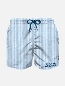 MC2 Saint Barth Boy Seersucker Swim Shorts With Striped Print