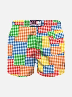 Boy Swim Shorts With Gingham Print -Swimwear Family costume vichy colori patch bambino mc2 889a5aab b1f5 4ea0 8ec5 74a091c3653a
