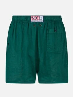 Solid Green Mid-length Linen Swim Shorts 5 Solid Green Mid-length Linen Swim Shorts -Swimwear Family linen swimshorts british green 2