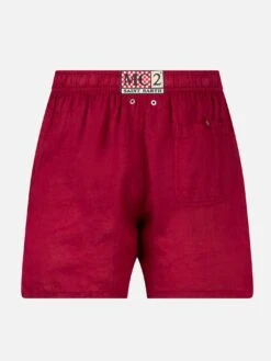 Solid Bordeaux Mid-length Linen Swim Shorts 5 Solid Bordeaux Mid-length Linen Swim Shorts -Swimwear Family linen swimshorts burgundy man 2