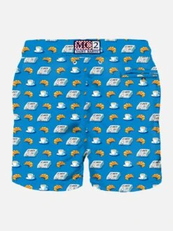 MC2 Saint Barth Man Light Fabric Swim Shorts With Newspaper And Croissant Print -Swimwear Family man break news blue 2