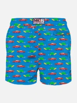 MC2 Saint Barth Man Light Fabric Swim Shorts With Turtle And Car Print -Swimwear Family man swim turtle speed lightblu 2