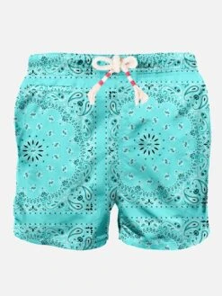 MC2 Saint Barth Man Swim Shorts With Water Green Bandanna Print