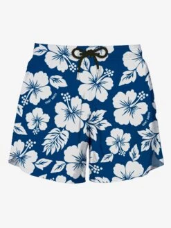 Blue Swim Short Mid-lenght With White Flower Print