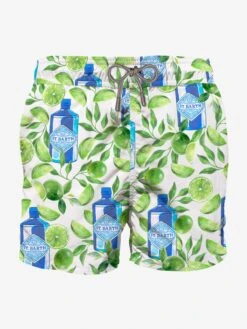 White Mid-length Swim Shorts With Gin Lime Print