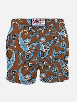 MC2 Saint Barth Brown Man Swim Short With Light Blue Paisley Print -Swimwear Family man swimshorts linen1