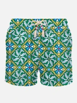 MC2 Saint Barth Man Light Fabric Swim Shorts With Majolica Print