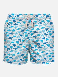 MC2 Saint Barth Man Light Fabric Swim Shorts With Sharks Print