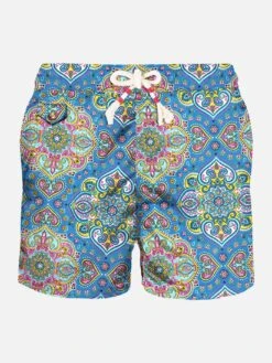 MC2 Saint Barth Man Light Fabric Swim Shorts With Multicolor Indian Print