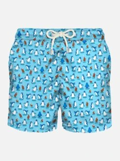 Light Fabric Man Swim Shorts Penguins Print
