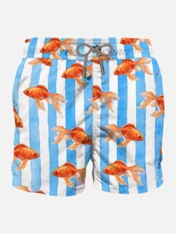 Fishprint On Striped Backcloth Swim Shorts