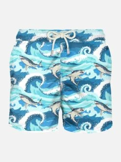 Light Fabric Man Swim Shorts Sharks Print
