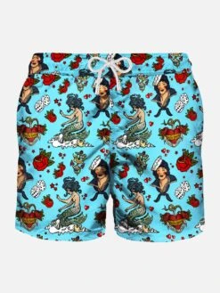 Light Fabric Man Swim Shorts Tattoo Print