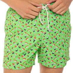 Light Fabric Man Swim Shorts Sushi Print -Swimwear Family sushi sashimi swimshort man green