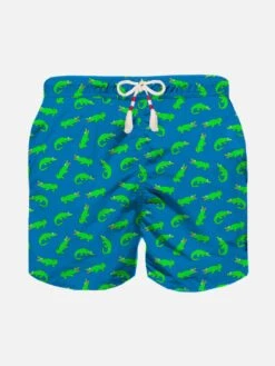 MC2 Saint Barth Boy Bluette Swim Shorts With Green Alligator Print
