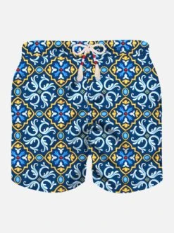 MC2 Saint Barth Man Light Fabric Swim Shorts With Majolica Print